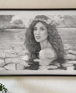 Pencil drawing of a woman in paradise